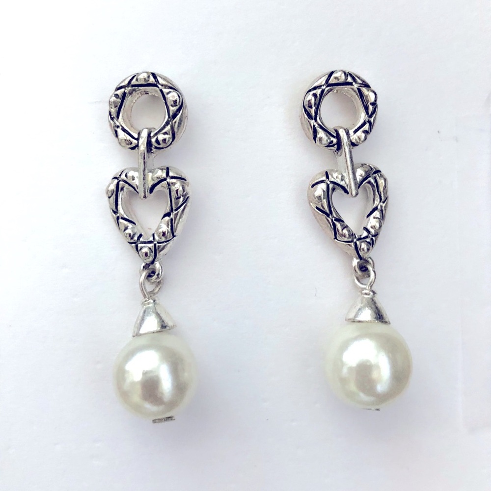 Silver Heart Drop faux  Pearl Earrings - White Pearl